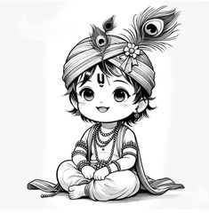 Krishna Drawing Sketch Easy, Krishna Black And White, Bal Krishna Drawing, Little Krishna Sketch, Krishna Drawing Sketch, Krishna Black, Figure Sketch, Krishna Tattoo