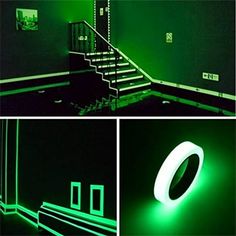 green light is shining on the wall and stairs