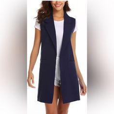 Brand New W/ Tags!!!! Size: Xxl Color: Navy Product Details About This Item Fabric Type 95% Polyester, 5% Spandex Care Instructions Machine Wash, Dry Clean Only, Hand Wash Only About This Item Material: Polyester, Soft And Lightweight Fabric, Simple But Elegant Design. Sleeveless Open Front Duster Blazer Vest With Pockets, Turn Down Collar, Solid Pattern And Regular Fit. Open Front One Buttons, Above Knee Length, Perfect For A Normal Street Day, Wearing To Work, Or Going To A Formal Party Packag Trendy Blue Vest Outerwear, Blue Vest Outerwear For Summer, Blue Summer Vest Outerwear, Trendy Blue Sleeveless Outerwear, Navy Sleeveless Outerwear With Pockets, Navy Sleeveless Vest With Pockets, Navy Sleeveless Vest For Fall, Long Blazers, Vest With Pockets