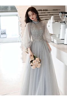 Shop grey long sequin dots lace beading prom dress with lantern sleeves online. Sheprom offers formal or casual style dresses to fit your special occasions. Casual Prom Dresses, Gaun Tulle, Lace Beading, Gowns Dresses Elegant, Green Prom, Gaun Fashion, Trendy Blouse, Dresses Green, Prom Dresses For Teens