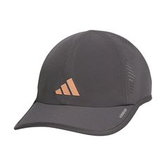 the adidas cap is grey and has an orange stripe on the front, along with black