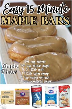 an advertisement for maple bars with frosted donuts on top and two bags of glaze next to it