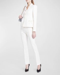 Crepe Couture Suit | Neiman Marcus Elegant Office Pantsuit With Structured Boning, Chic Semi-formal Pantsuit With Structured Boning, Elegant Fitted Pantsuit With Tapered Leg, Elegant Evening Pantsuit With Ankle-length Pants, Chic Tailored Ankle-length Pants, Elegant Spring Suits With Tapered Leg, Spring Elegant Suits With Tapered Leg, Elegant Fitted Pantsuit With Welt Pockets, Luxury Fitted High-waisted Dress Pants