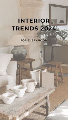 a living room filled with furniture and a fire place in the background text reads, interior trends 2012 for every room