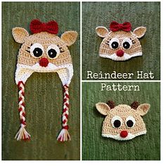 crocheted reindeer hat with red nose and bow on top, shown in three different pictures