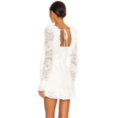 Lace White Mini Dress With Button Detail In The Front. White Feminine Mini Dress With Scalloped Lace, White Embroidered Lace Mini Dress, Beige Long Sleeve Lace Mini Dress, Flowy Off-white Mini Dress With Lace Trim, White Bohemian A-line Mini Dress, White Lace Mini Dress, Button Detail, White Mini Dress, Color White