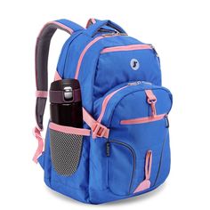 JWorld Atom 18" Multi Compartment Laptop Backpack - Navy/Pink Sporty Pink Backpack For School, Sporty Pink School Backpack, Pink College Bag For Back To School, Pink Backpack For Outdoor Activities, Pink Standard Backpack For Sports, Pink Sports Backpack, Kids Rolling Backpack, Backpack For School, Laptop Travel