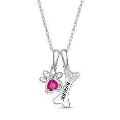 Pique her interest with this Personalized paw pendant. Fashioned in sterling silver, this splendid look features a 4.0mm heart-shaped simulated birthstone of your choice. Further customize this choice with a name or word - up to five characters in length - inscribed along a bone-shaped charm with a heart-shaped composite of diamond accents. Polished to a bright shine, this pendant suspends along an 18.0-inch rope chain that secures with a spring-ring clasp. Silver Jewelry With Paw Print For Anniversary, Silver Paw Print Jewelry For Anniversary, Pink Sterling Silver Birthstone Necklace, Silver Anniversary Jewelry With Paw Print, Silver Jewelry With Paw Print For Mother's Day, Sterling Silver Jewelry With Paw Print, Mother's Day Silver Jewelry With Paw Print, Elegant Sterling Silver Paw Print Necklace, Elegant Sterling Silver Necklace With Paw Print