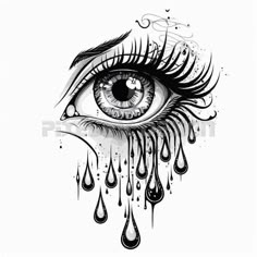 an eye with teary tears and drops on the side, as if it were drawn by