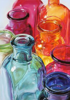 an oil painting of different colored glass bottles