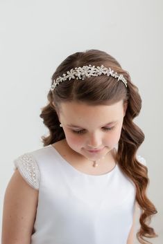 Flower Girl Crown, Flower Girl Tiara, Flower Girl Headband, Rhinestone Tiara, First Communion Tiara, Marianna Flower Girl Tiara - Etsy Flower Girl Hair With Headband, Flower Girl Hairstyles With Headband, Communion Tiara, Communion Headband, Communion Hair, Tiara Flower, Communion Headpiece, Communion Hairstyles, Flower Girl Tiara