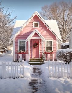 a pink house with white picket fence and wreath on the front door is covered in snow