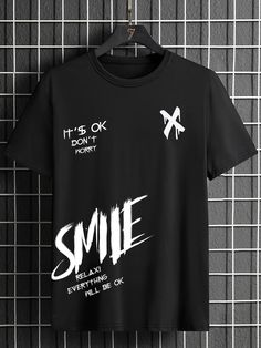 Black Casual Collar Short Sleeve Fabric Slogan  Embellished Slight Stretch Summer Men Plus Size Clothing Joe Black, Christian Shirts Designs, T Shirt Logo Design, Cool Shirt Designs, Shirt Designs For Men, Shirt Logo Design, Trendy Shirt Designs, Tshirt Design Men