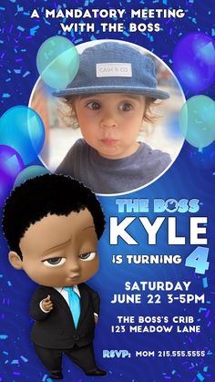 the boss's kyle birthday party flyer with an image of a little boy in a suit and tie