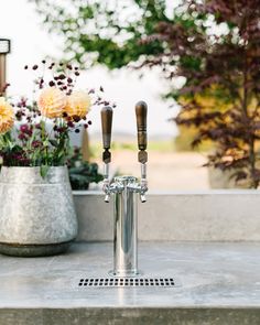 two silver vases with flowers in them sitting on a concrete counter top next to each other