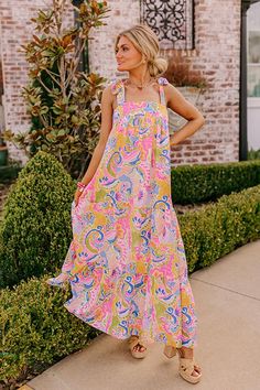 Resort Radiance Paisley Maxi Dress Beach Maxi Dress With Tie Back And Square Neck, Pink Square Neck Maxi Dress For Vacation, Beach Maxi Dress With Tie Straps And Square Neck, Pink Paisley Print Maxi Dress For Beach, Summer Multicolor Maxi Dress With Tie Straps, Multicolor Sundress With Tie Straps, Summer Pink Paisley Print Maxi Dress, Summer Paisley Print Maxi Dress For Brunch, Pink Paisley Maxi Dress For Summer