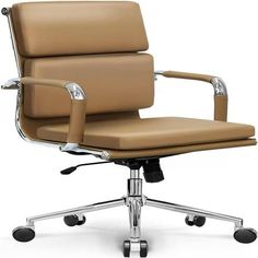 an office chair with chrome legs and leather upholstered seat, viewed from the front