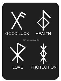 four different symbols with the words good luck, health and love protection in white on black