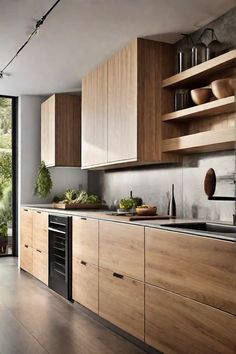 a modern kitchen with wooden cabinets and stainless steel appliances is pictured in this image from the front view