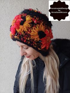 The color of the hat is black mixt red , ocher and yellow. Hand embroidered red and ocher flowers. Hat fits for a head circumference of - 56-58 cm / 22,04 - 22,83 " The color of the product in the photo may differ from the real one due to the color settings of your monitor. Recommendations for care: gentle hand washing at temperatures up to 30 degrees or cold , drying on a large cup. Thank you for visiting my store  Have a great day! Red Knitted Hat For Fall, Multicolor Mini Beanie Hats For Winter, Multicolor Beanie Mini Hat For Winter, Winter Festival Beanie Mini Hat, Handmade One Size Hats For Fall, Hand Knitted Hat For Winter Gift, Handmade One-size Fall Hats, Handmade Fall Hats One Size, Red Crochet Beanie For Fall