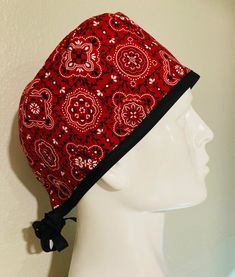 "Surgical scrub cap, skullcap (1 available) made with 100% prewashed cotton fabric. Skullcap has ½\" thickness ties. Special discount applied if mask or scrunchie is purchased with a cap.  Custom orders can be made by contacting the owner of the shop." Adjustable Red Bandana Headband, Cotton Headband Bandana, Skullcap Hat, Chunky Knit Hat, Fabric Garland, Surgical Hats, Hair Cover, Scrub Caps Surgical, Red Bandana