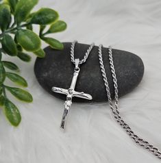 Sterling Silver Crucifix Necklace, Unisex Crucifix Necklace, 2mm French Rope Chain, For Men, Boys, Teens or Women, Rhodium Over 925 Sterling to Give it The 14k White Gold Look E X P E D I T E D ∙ S H I P P I N G You will be able to choose faster shipping options when you add Priority Shipping upon checkout. Ship times do NOT include production times. However, if you select expedited shipping, we will try to get your order completed faster. We want you to be happy with your purchase, and we take pride in offering you well-made, quality products. If you have any questions or issues with an order, please don't hesitate to contact us! We look forward to messages you send us and welcome the opportunity to provide exceptional customer service. We stand behind every item we sell and your satisfac Silver Crucifix Figaro Chain Jewelry, Silver Figaro Chain Necklace With Cross Pendant, Silver Cross Necklace With Figaro Chain, Silver Necklace With Figaro Chain And Cross Pendant, Silver Crucifix Necklace With Figaro Chain, Silver Cross Necklace With Figaro Chain As Gift, Crucifix Necklace, Chain For Men, Men Boys