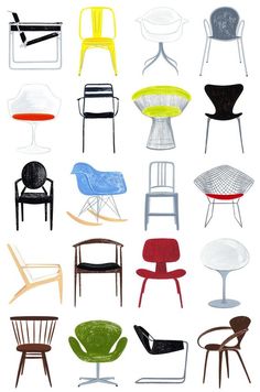 various chairs and tables are arranged in different colors, shapes and sizes on a white background