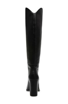 A curved topline amplifies the contemporary appeal of a knee-high leather boot balanced by a pointy toe and wrapped block heel. 3 1/2" heel 14 1/2" shaft; 15" calf circumference Leather upper/synthetic lining and sole Imported Tall Leather Heeled Boots With Reinforced Heel, Leather Knee-high Boots With Pointed Toe, Faux Leather Knee-high Boots With Leather Lining For Work, Sleek Leather-lined Knee-high Boots For Fall, Knee-high Boots With Stacked Heel For Office, Sleek Wide Calf Boots With Stacked Heel, Sleek Knee-high Boots With Leather Lining For Fall, Sleek Fall Knee-high Boots With Leather Lining, Tall Heeled Boots For Formal Fall Occasions