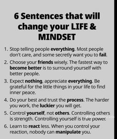 a poster with the words 6 sentences that will change your life & mindset