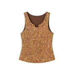 Allover sequin embellishments Keyhole neckline Slim fit with high stretch Get ready to dazzle in the summer sunshine with this sequin sparkle tank. Designed with high-stretch fabric for a comfortable and flattering fit, this tank adds a touch of glamour to any outfit. Enjoy the shimmering allure of allover golden sequins, perfect for your summer escapades. Embellished Summer Vest, Glamorous Stretch Tank Top, Sequin Sleeveless Tank Top For Summer, Sleeveless Sequin Tank Top For Summer, Summer Shimmer Stretch Tank Top, Stretch Sequined Tank Top, Gold Tank Top For Summer Night Out, Shimmer Sleeveless Tank Top For Spring, Sequined Tank Top For Summer