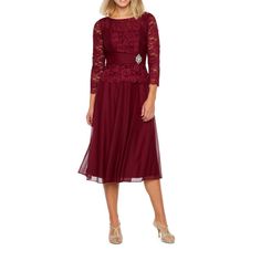 New With Tags Msrp $120 Jackie Jon New York 3/4 Sleeve Midi Party Dress In Burgundy Stock Photos For Reference Only Lace Sleeves, Jewel Neckline, Hidden Back Zipper, Metallic Lace, Fit And Flare Silhouette, Midi Length, Sweetheart Shape Chest Lining, 3/4 Sleeve Length, Stretch Fabric. Color Is More Of A Purple Burgundy Size 4 Approximate Flat Lay Manual Measurements Bust 17" Waist 14" Hips 17.5" Length 45.5" Formal Lace Dress With 3/4 Sleeve, 3/4 Sleeve Mother Of The Bride Dress For Party, Spring Mother Of The Bride Dress With 3/4 Sleeves, Elegant Party Dress With 3/4 Length, Elegant 3/4 Length Party Dresses, Mother Of The Bride Half Sleeve Dresses For Spring, Holiday Evening Dresses With 3/4 Sleeves, Formal Mother Of The Bride Dress With 3/4 Sleeve, Elegant 3/4 Length Midi Dress For Party