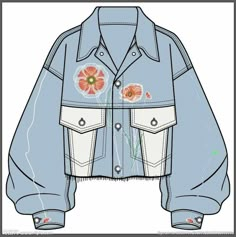 a drawing of a denim jacket with flowers on the front and side pockets, all in different colors