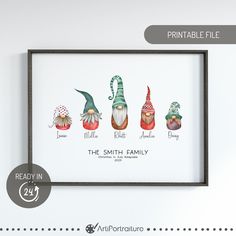 an art print with the names of gnomes in different colors, sizes and shapes