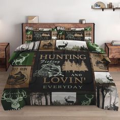 a bed covered in green and white comforter with deer on it's side