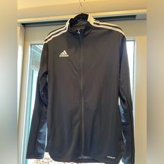 Adidas Men’s Soccer Jacket. Never Worn. Perfect For Spring Practice And Games. Adidas Functional Black Track Jacket, Functional Adidas Black Track Jacket, Adidas Black Sports Windbreaker, Black Adidas Functional Windbreaker, Adidas Black Sports Track Jacket, Adidas Black Track Jacket For Sports, Adidas Black Outerwear For Outdoor Activities, Black Adidas Outerwear For Outdoor Activities, Adidas Black Track Jacket For Outdoor Activities