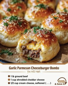 Homemade Recipes | Garlic Parmesan Cheeseburger Bombs | Facebook Food For A Week, Hospital Food, Gordon Ramsay Recipe, Shredded Cheddar Cheese, Grandmas Recipes, Garlic Parmesan, Old Recipes, Beef Dishes, Crockpot Recipes Easy