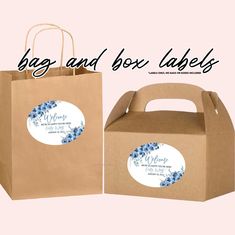 two brown paper bags with blue flowers on them and the words go and box labels