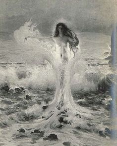 a woman standing on top of a body of water in the middle of a wave