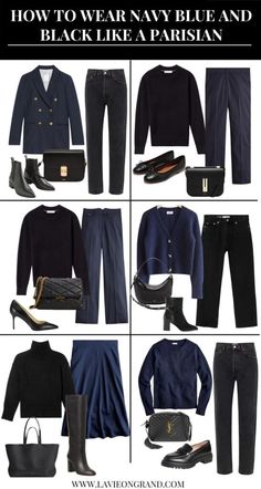 Navy Womens Outfits, Polished Style Minimal Classic, Navy Neutral Outfit, Black Navy Grey Capsule Wardrobe, Black And Navy Capsule Wardrobe, Navy And Black Work Outfit, Black And Navy Winter Outfit, Navy Blue Cardigan Outfit Fall, French Outfit Style Winter