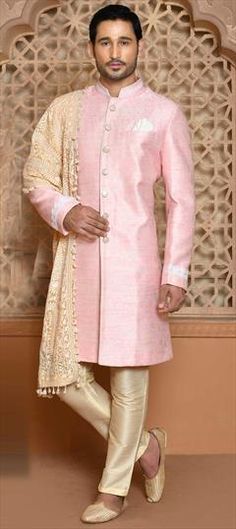 Pink and Majenta color Sherwani in Banarasi Silk fabric with Thread, Weaving work Luxury Pink Sherwani For Diwali, Luxury Pink Sherwani For Transitional Season, Luxury Pink Sherwani With Pallu, Silk Fabric, Weaving, Silk, Pink, Fabric, Color