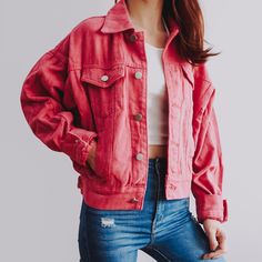 Classic denim jacket with side pockets in juicy fruity colors. Cut button holes open with scissors. S: 20.5" across shoulders, 35" chest, 19.5" length M: 21" across shoulders, 36.5" chest, 20" length L: 21.5" across shoulders, 38" chest, 20.5" length Spring Denim Jacket With Buttoned Pockets, Trendy Everyday Denim Jacket With Pockets, Trendy Everyday Denim Jacket, Summer Pink Denim Outerwear, Pink Denim Summer Outerwear, Pink Denim Outerwear For Summer, Pink Button-up Denim Jacket, Pink Washed Outerwear For Spring, Spring Pink Washed Outerwear