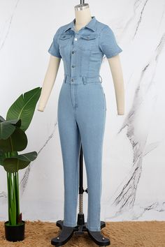 Light Blue Casual Solid Patchwork Turndown Collar Short Sleeve Skinny Denim Jumpsuits Blue Denim Jumpsuit With Pockets And High Waist, Blue High Waist Denim Jumpsuit With Pockets, Blue High-waisted Denim Jumpsuit With Pockets, Light Blue Denim Overall Jumpsuit For Spring, Fitted Washed Blue Jumpsuits And Rompers With Pockets, High Rise Blue Jumpsuits And Rompers With Pockets, Blue High Rise Jumpsuits And Rompers With Pockets, Fitted Washed Blue Jumpsuits And Rompers For Spring, Solid Fitted Casual Denim Jumpsuit