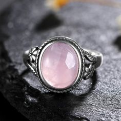 Rose Quartz 925 Sterling Silver Stone Oval Flower Ring | Green Witch Creations Silver Rose Quartz Jewelry With Birthstone, Silver Oval Rose Quartz Jewelry, Oval Rose Quartz Silver Jewelry, Sterling Silver Flower Ring With Gemstone And Oval Shape, Silver Rose Quartz Gemstone Jewelry, Oval Sterling Silver Flower Ring With Gemstone, Men Party, Blue Sandstone, Rings Jewelry Fashion