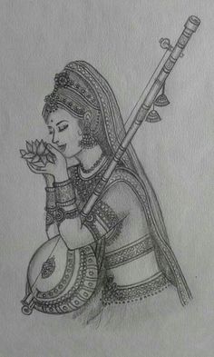 a pencil drawing of a woman holding a flute and playing the sitaram musical instrument