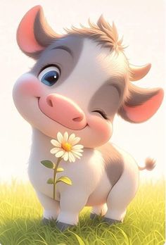 a cartoon cow with a flower in its mouth standing on some grass and looking at the camera