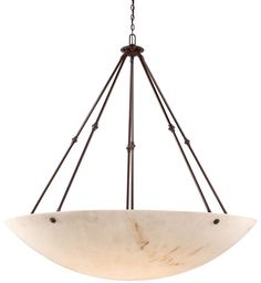 a light fixture hanging from the ceiling with two lights on each side and an oval glass bowl