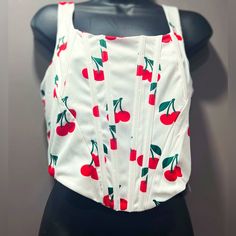 Corset Crop Top New With Tag Pit-2-Pit: 17 Inches Shoulder To Bottom:16 Inch Cherry Print Comfy Size: Large Crop Top 95%Polyester 5%Elastane Zipper Good Condition Cherry Corset, Cherry Crop Top, Corset Crop Top, Cherry Print, Crop Tops Women, Red And White, Crop Top, Cherry, Womens Tops