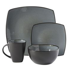 a gray dinner set with two cups and one plate