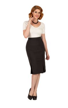 The Brooklyn high waist pencil skirt with front kick pleats at the knees. PRODUCT DETAILS: High Waist Pencil Skirt Center Back Zipper Solid black 65% rayon 30% nylon 5% spandex Accessories sold separately Available in sizes XS-4X while supplies last Imported CARE INSTRUCTIONS: Dry clean Jumper And Skirt, Pencil Skirt Tutorial, Pencil Skirt Diy, The 50s Fashion, Women Work Outfits, High Waist Pencil Skirt, 1950s Fashion Dresses, Pencil Skirt Work, Skirt Heels