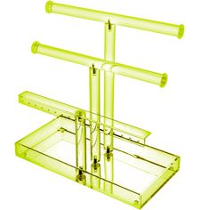 three glass shelves are stacked on top of each other with metal bars attached to them